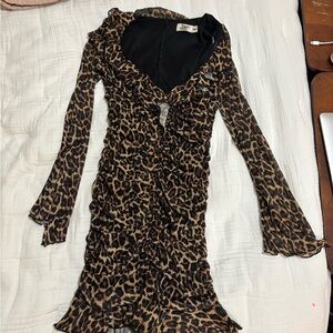 [SOLD] Tiger Mist XS Leopard Ruched Ruffled Lined Mini Dress